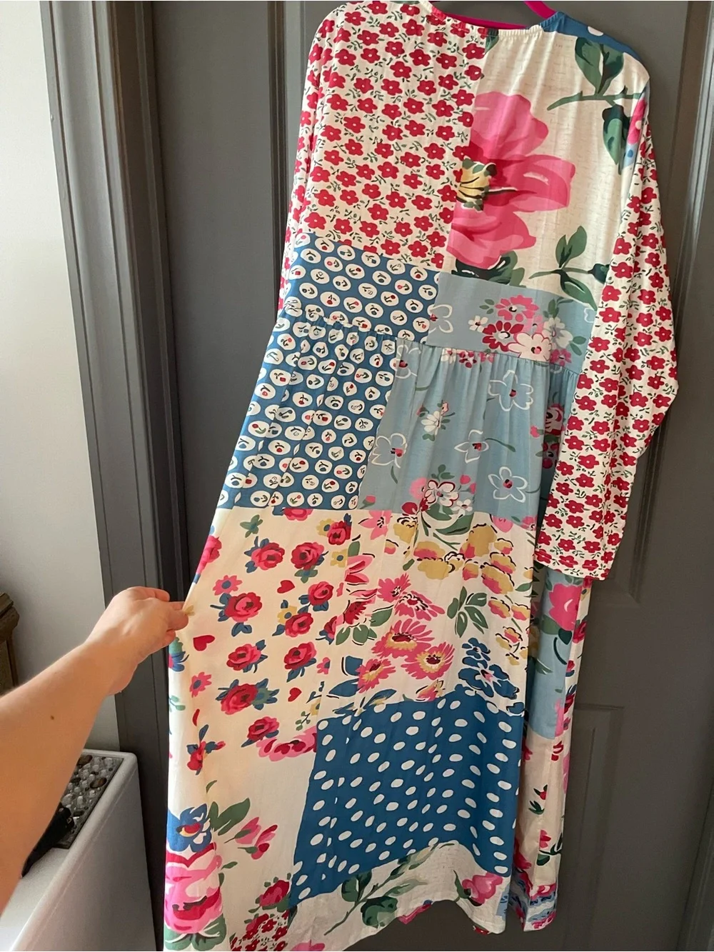 Floral Patchwork Long Sleeve Maxi Dress - Pink & Blue